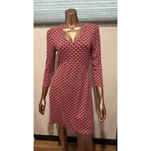 Boden Red Blue Geometric/Rainbow Fan Print Jersey Garden Summer Dress V Neck/S